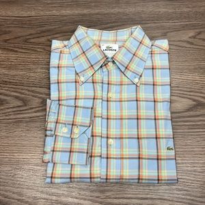 Lacoste Blue w/ Orange, Green & Brown Plaid Shirt 42 or L